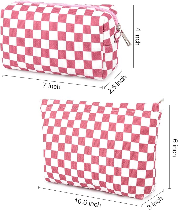 SOIDRAM 2 Pcs Checkered Makeup Bag Large Cosmetic Bag Toiletry Bag Makeup Pouch Travel Bag Organizer Cute Makeup Brushes Aesthetic Accessories Storage Bag for Women Peach Pink - Image 3