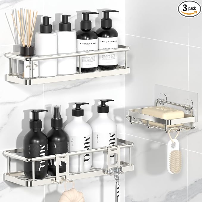 Shower Caddy Adhesive, Rustproof Shower Organizer with Soap Holder, Large Capacity Shower Shelves for Inside Shower, No Drilling Bathroom Organizers and Storage for Home Decor（3 Pack Silver） by YASONIC