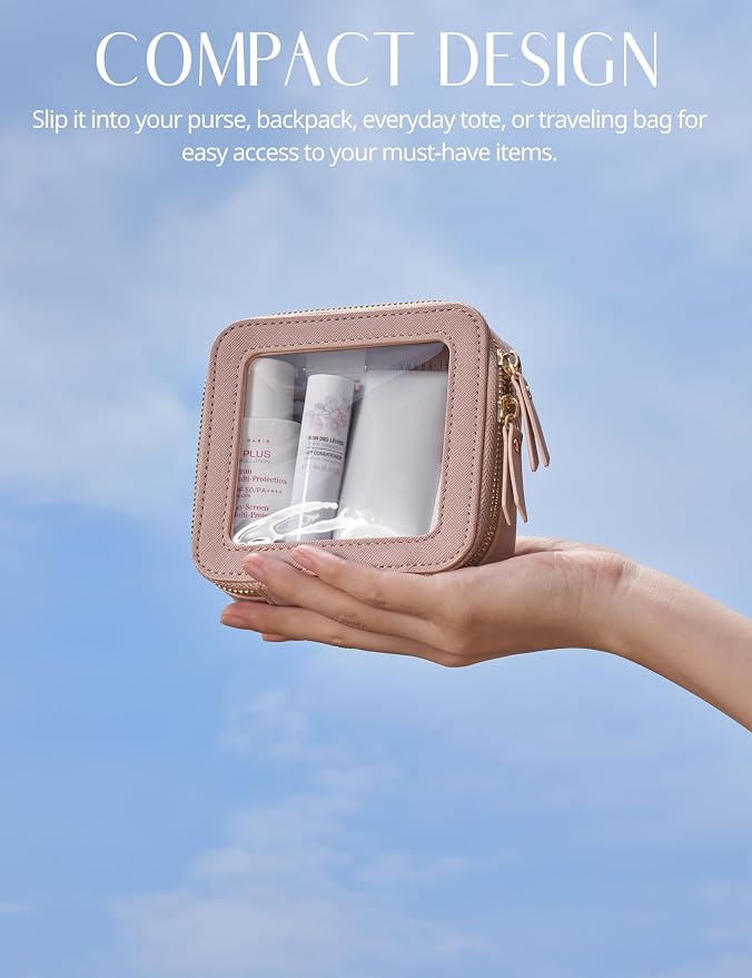 Small Clear Makeup Bag for Purse, Travel Cosmetic Case, Mauve, Mini | Waterproof PU Leather, Transparent Square Make Up Pouch with Zipper, Tiny Pink Toiletry Organizer Bag Women Car Essential Bag - Image 5