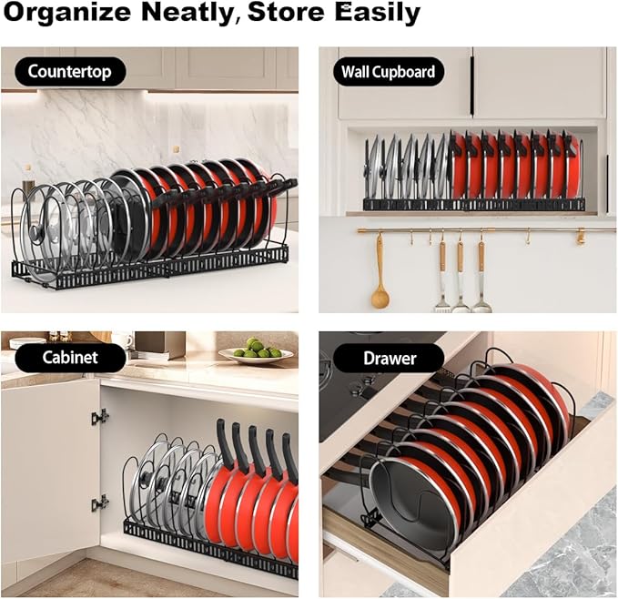 Housolution Pot and Pan Lid Organizer Holder Storage Rack, Black | 12"-23" Expandable, 14 Adjustable Dividers, Sturdy Metal Construction, Easy Assembly - Image 6