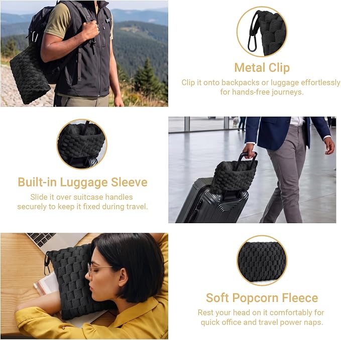 Travel Blanket with Bag, Soft Fleece Portable Airplane Blanket, Black | Soft fleece travel blanket 50x60in grey. 5-in-1: pillow, lumbar support, shawl, hand warmer. Washable, luggage sleeve, clip. - Image 5