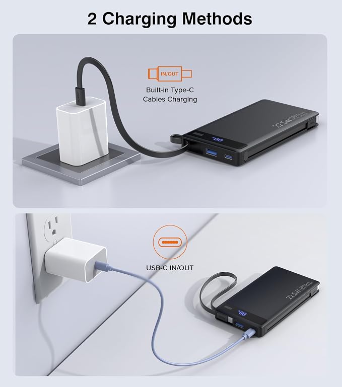 10000mAh Power Bank Built-in 2 Cables, 22.5W PD Slim Fast Portable Charger | USB C Battery Pack, Travel Essentials PD Fast Charging Powerbank Compatible with iPhone 17 16 Plus Pro Samsung iPad(1 Pack) - Image 8
