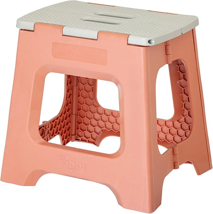Vigar Compact Folding Step Stool, 12-1/2 in, Orange | 12-1/2 in Foldable Stool, Lightweight Portable Design, Handle, Non Slip Surface, Space-Saving, Supports up to 330 lb by VIGAR