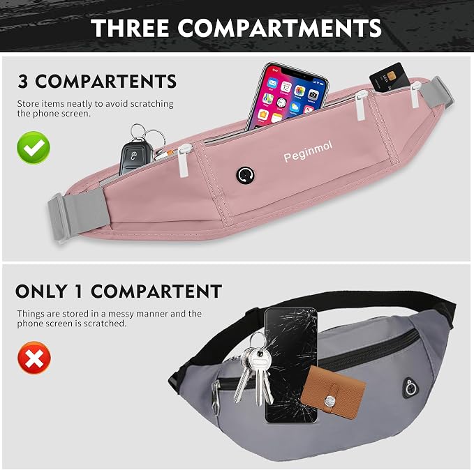 Slim Running Belt Fanny Pack, Waist Pack Bag for Women Men, Running Pouch for Phone Waterproof Reflective with 3 Pouches, Running Phone Holder for Sports, Traveling (Pink) - Image 3