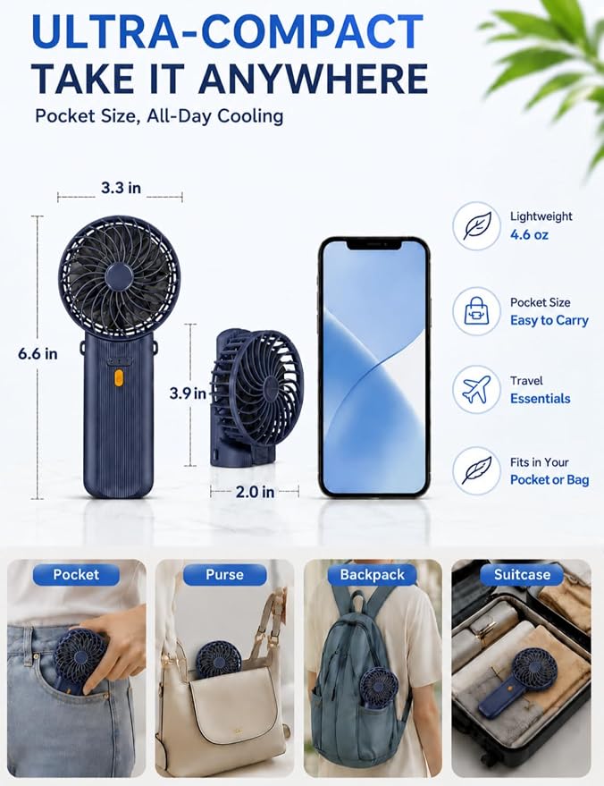 Portable Mini Fan, Quiet Foldable Fan with Lanyard (Navy Blue) | 4 Speeds, 15H Rechargeable Battery, Portable Pan for Travel, Home, Office, Outdoor, Makeup, Women, Men, Navy Blue - Image 4