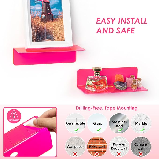 OAPRIRE Acrylic Floating Wall Shelves Fluorescent Pink, No Drill, 9 Inch 2P | Strong Tape Adhesive Wall Shelf, Easy Installation, Hole Design with Cable Clips, Small Spaces Bedroom Bathroom Living Room - Image 5