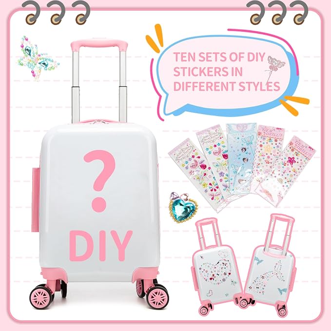 Kids Luggage Sets 2 Piece Pink Rolling Suitcases for Girls with Wheel Shardshell 16" Travel Suitcase with 10 Sheets Gem Stickers - Image 3