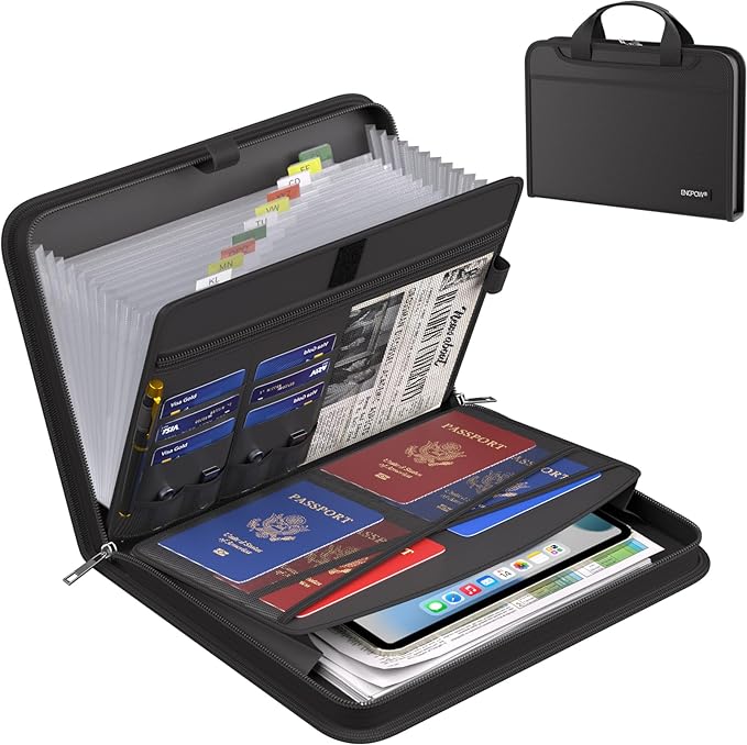 ENGPOW Accordion File Organizer, Fireproof Expanding File Folder with 13 Pockets Document Organizer with Handle & Labels, Portable Home Travel Safe Storage for Letter A4 Files and More, Black by ENGPOW