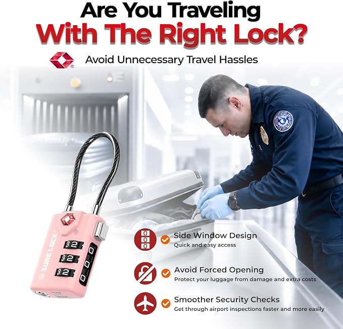 SURE LOCK TSA Approved Luggage Locks with Open Alert Indicator, 3 Digit Combination Cable Travel Lock for Suitcase, Backpack, Gym Locker, Toolbox & Travel Bag(2, Pink 2 Pack) - Image 3