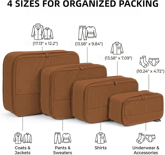 4 Piece Compression Packing Cubes for 3–7 Day Travel, Light Brown | Wrinkle-Resistant Memory Fabric, Breathable Mesh Panel, Double-Zipper, Small to Large Size Bag, Smart Organization - Image 3