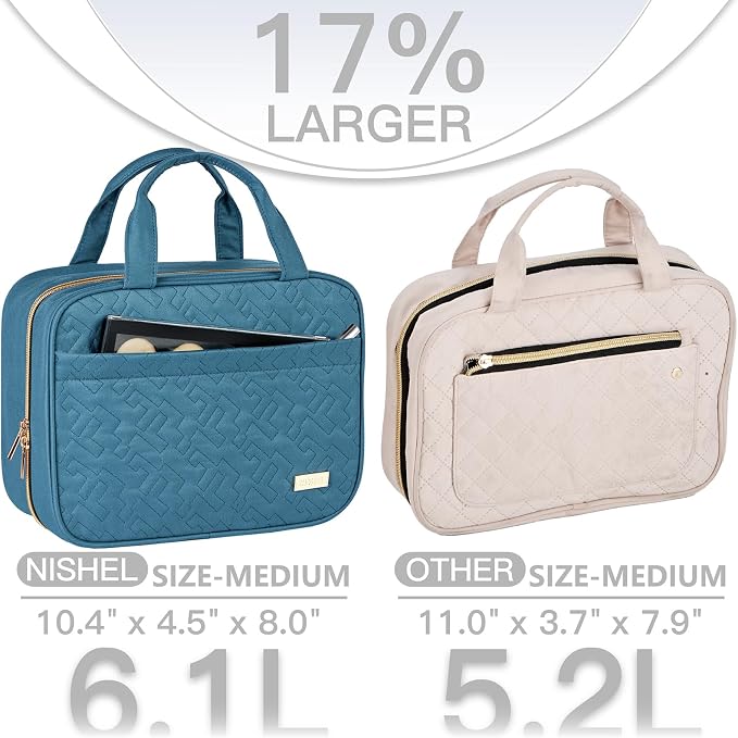NISHEL Travel Toiletry Bag for women, Portable Hanging makeup Organizer | for Travel-Sized Shampoo, Conditioner, Brushes Set, makeup Accessories, Medium Size, Lake-Blue - Image 3
