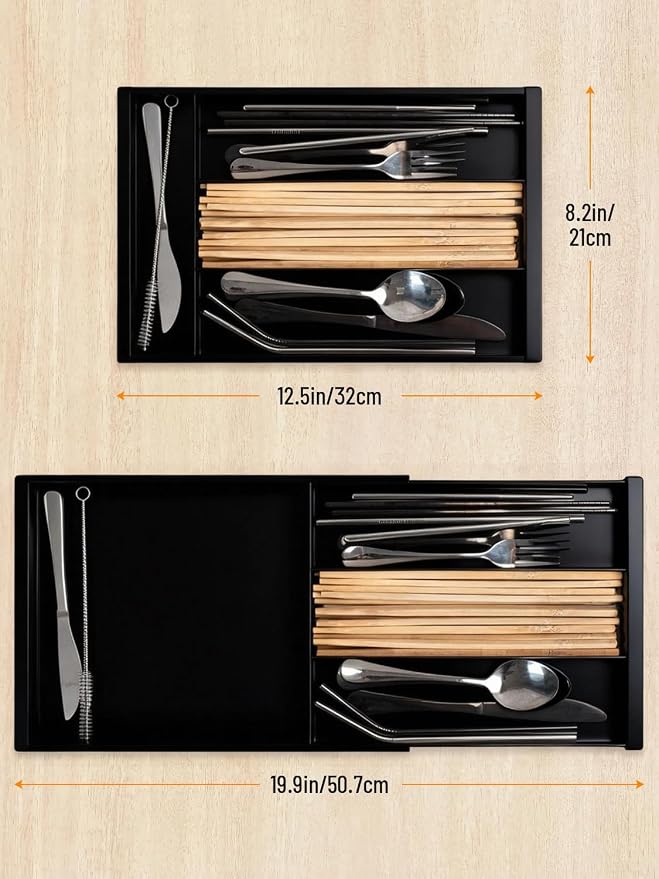 Silverware Drawer Organizer Tray (Black) | Adjustable Small Utensil Holder for Spoon and Fork, Expandable Flatware Cutlery Tray for Kitchen Drawers - Image 2