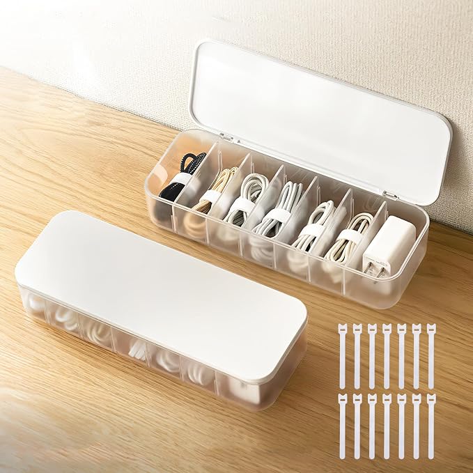 PAVSTINE 2 Pcs Cable Organizer Storage Box with Lid, 14 Wire Ties, White | Adjustable Dividers, Holds Power Cords & Charger, Dust-Proof, Desktop Accessories & Stationery Storage for Home & Office by PAVSTINE
