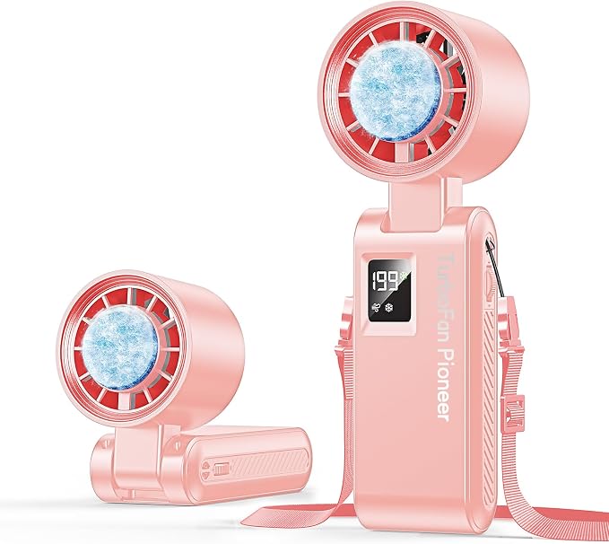Portable Handheld Fan with Ice Cooling, 7.5m/s High Speed Turbo Fan, 150° Foldable 4-in-1 Personal Neck Fan, 199 Speed Stepless Control, USB-C Rechargeable for Travel, Makeup, Hiking,Pink by Kimguard