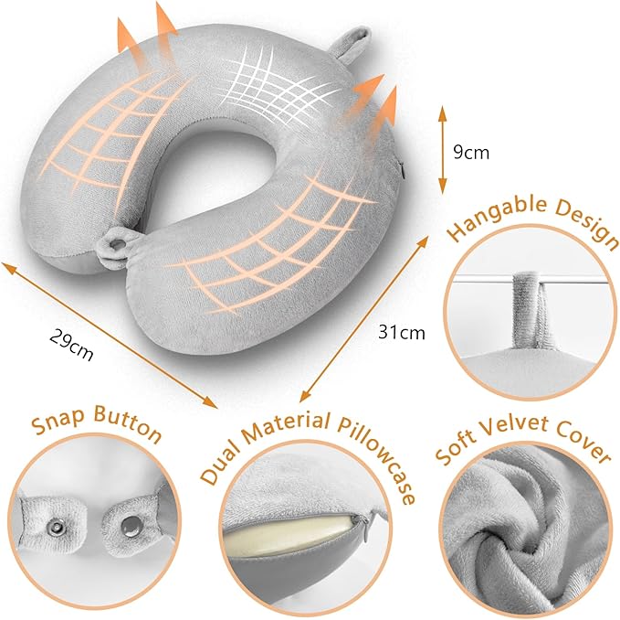 Travel Pillow, Memory Foam Neck Pillow for Traveling Winter Summer, U Shape Neck Pillow Airplane Portable Flight Pillow Adult Travel Neck Pillow for Plane Train Car Home Office - Grey - Image 5