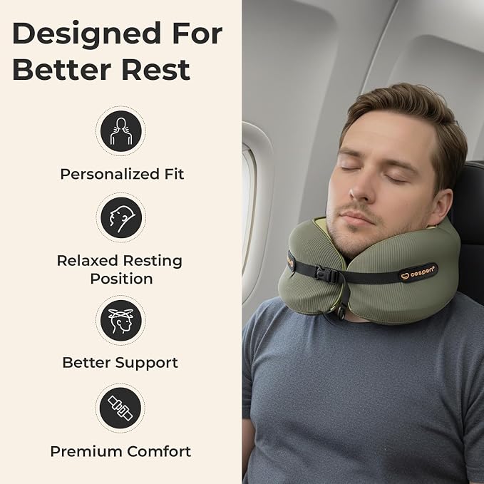 Cesperi® Ergonomic Travel Neck Pillow for Airplanes & Cars, Large | CertiPUR-US® Certified Memory Foam, Washable Cover, Travel Bag, Large Neck Fit, Neck Pillow for Flights (Avocado Green) - Image 3