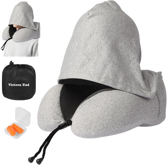 Travel Neck Pillow with 100% Light-Blocking Hood – Ergonomic Memory Foam Support Pillow for Airplane, Long Flights, Road Trips, Office and Car, Full Head and Neck Support with Skin-Friendly Cover by OrganizeItSimplifyYourSpac