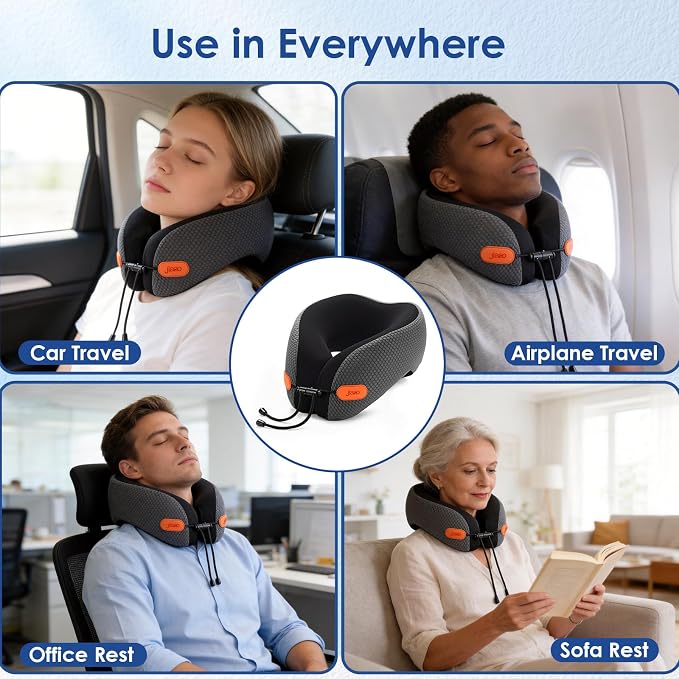 Travel Pillow Memory Foam Neck Pillow for Airplanes with Adjustable Neck Support, Includes Eye Mask, Earplugs & Storage Bag - Perfect for Flights, Road Trips, and Trains - Image 7