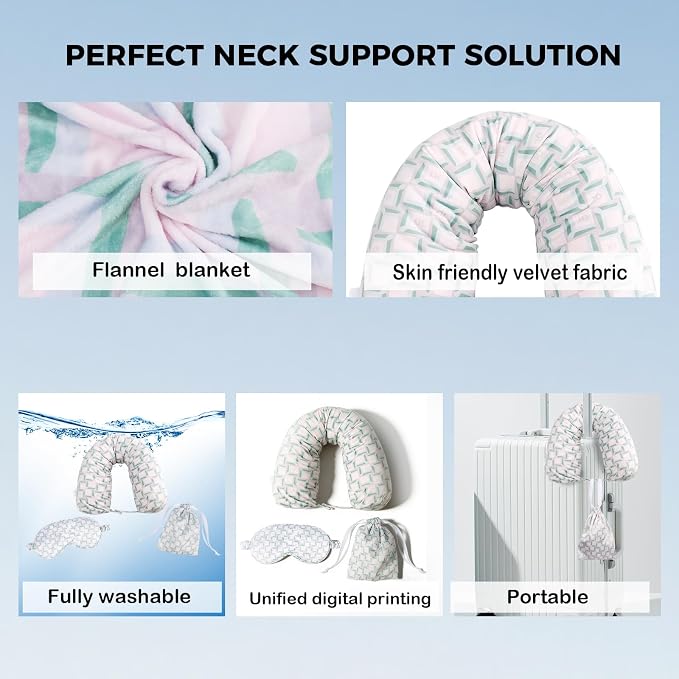 Travel Pillow with Detachable Flannel Blanket & Eye Mask – Plush Velvet Neck Support Pillow for Airplane,Car,Office Rest,Coordinated Digital Print Set (Green Pink Geometry, 60in * 79in) - Image 2