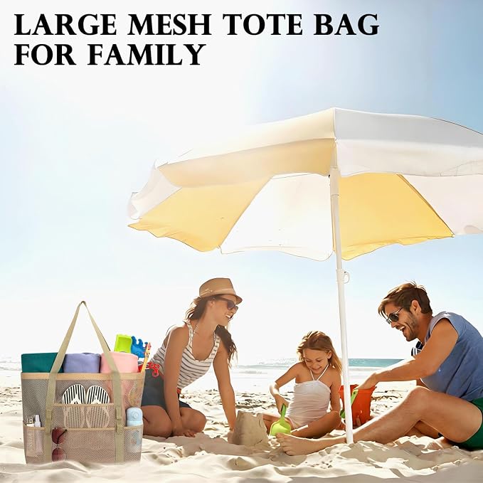 Fammart Mesh Beach Bag for Women, Large Beach Toy Pool Bag with Zipper Pocket, SandProof Cruise Essentials 2026 Family Travel - Image 8