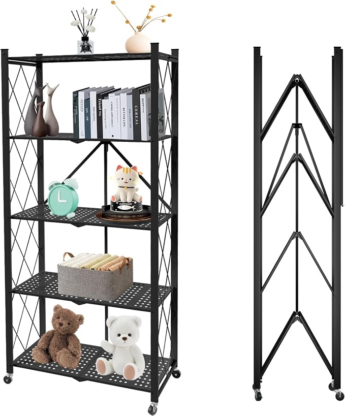 5 Tier Folding Shelf with Wheels,Metal Steel Collapsible Shelves | No Assembly Portable Shelves Organizer Rack,Rolling Standing Utility Rack for Kitchen, Pantry, Office, Black by YUANJIMI