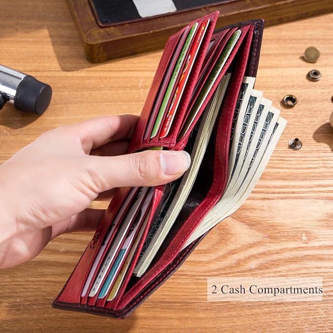 BULLCAPTAIN RFID Wallets for Men,Genuine Leather Wallet QB-05（Crimson ） | Slim,Bifold,Front Pocket Wallet, 2 ID Windows,11 Card Slots,RFID Blocking TechnologyGift Choice - Image 5
