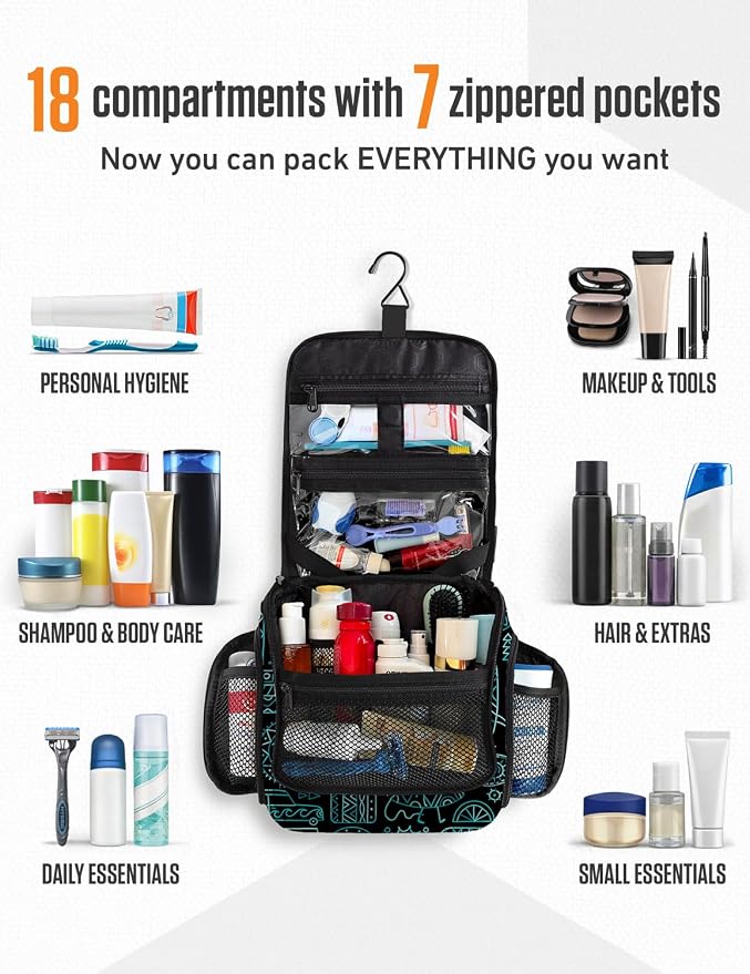 VENTURE 4TH Hanging Travel Toiletry Bag, 17 Compartments - Surfing Vibes | Hangs on rails, hooks or doors; stands upright too. Removable TSA pouch. Water-resistant 900D Nylon, reinforced stitching. - Image 3