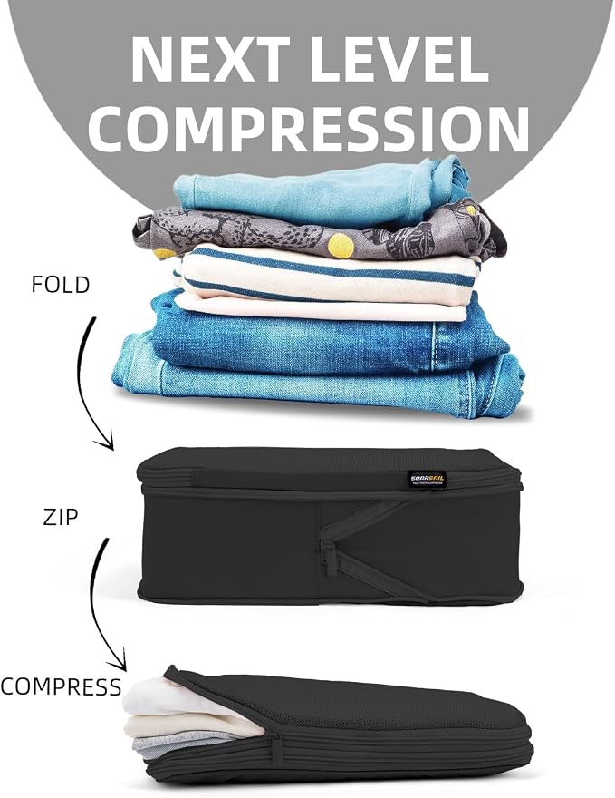 Compression Packing Cubes for Travel, 6-Piece Set (Large/Medium/Small), Double-Zip Luggage Organizers for Suitcase & Carry-On, Clothes Storage Bags (Pure Black, 6 Pack) - Image 3