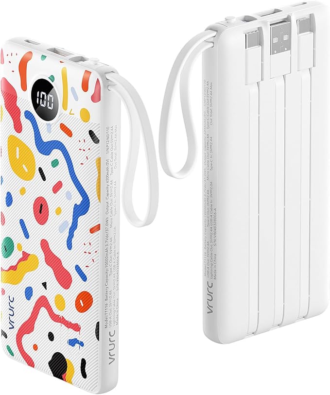 VRURC Portable Charger, Built-in Cables Power Bank 10000mAh | LED Display Slim USB C Battery Pack with 5 Output 2 Input for iPhone, Samsung, Android etc-White(1 pack) by Home