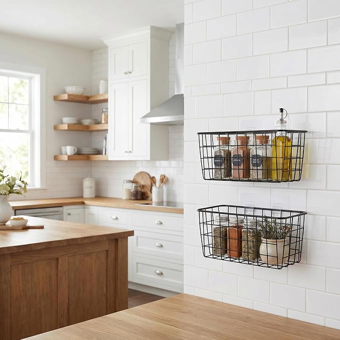 2 Set Adhesive Hanging Wall Basket Inside Cabinet Door Organizer,Wall Storage Basket-No Drilling Adhesive wall Basket for Cupboard Door,Space-Saving Small Hanging Baskets for Wall Mount Storage,Black - Image 10
