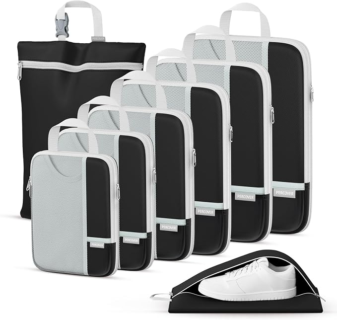 Percover Compression Packing Cubes for Travel, 8-Piece Structured Compression Organizer Set with Laundry Bag & Shoe Bag for Carry-On & Checked Luggage, Black by Unknown