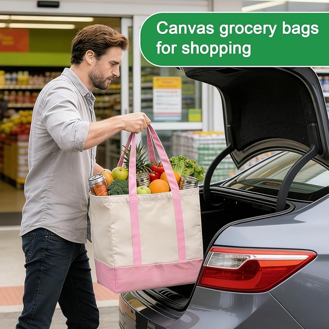 1-Pack Heavy Duty Canvas Reusable Grocery Bags, 8.3 Gal Foldable Large Tote with Handles, Washable Eco-friendly Bags with 5 Pockets, (Pink/Beige) - Image 6