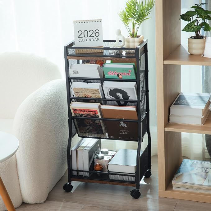 8-Tier Rolling Book Cart with Lockable Wheels, Double-Sided Storage Bookshelf for Narrow Spaces, Mobile Organizer Cart for Office, Library and Home - Image 5