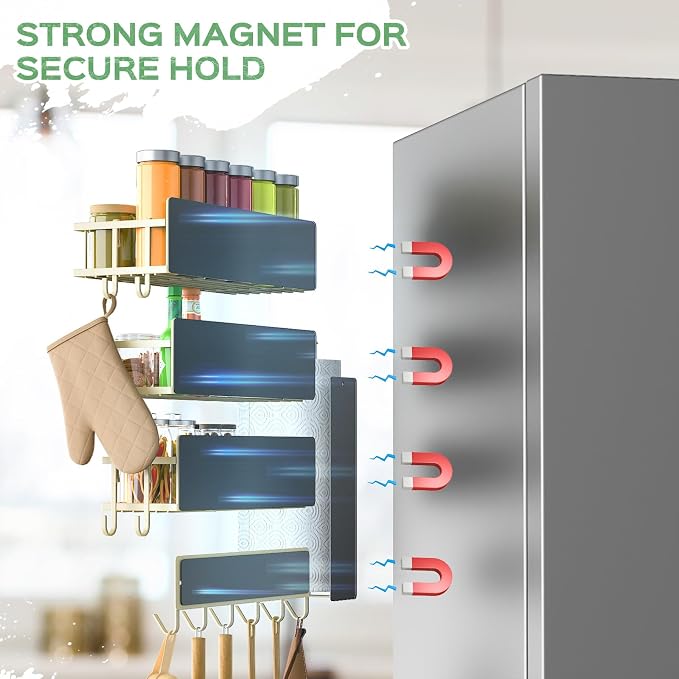 5 Pack Multifunctional Magnetic Shelves for Refrigerator Spice Rack & Washing Machine Organize, Include Paper Towel Holder, Kitchen Utensil Hanger and Hooks, Strong Magnet for Secure Hold (Cream) - Image 4