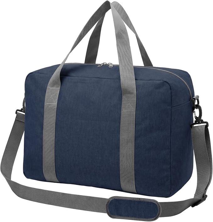 30L Foldable Underseat Travel Duffel Bag 17.3"x13.8"x7.9" – Lightweight Carry on Luggage for Women and Men, Waterproof Overnight Bag, Gym Sport Holdall, Hospital Tote with Trolley Sleeve, Navy Blue by WAAYAA