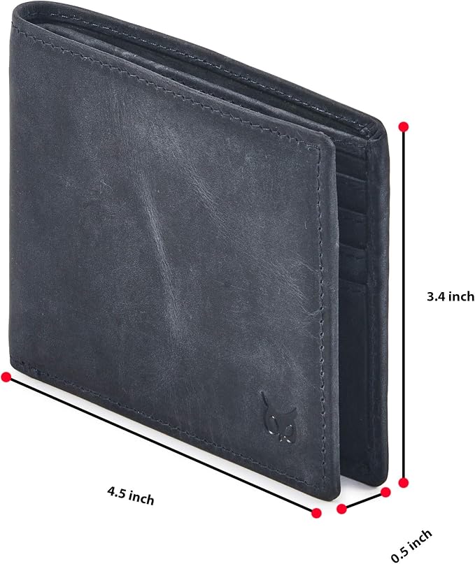 Real Leather Mens Bifold Wallet RFID Blocking Slim Minimalist Front Pocket - Thin & Stylish with ID Window in Gift Box (Crazy Horse, Navy) - Image 2