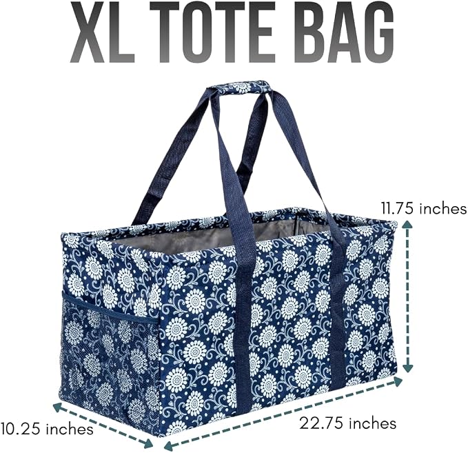 Extra Large Utility Tote Bag - Oversized Collapsible Reusable Wire Frame Rectangular Canvas Basket With Two Exterior Pockets For Beach, Pool, Laundry, Car Trunk, Storage - Navy Sunflower - Image 4