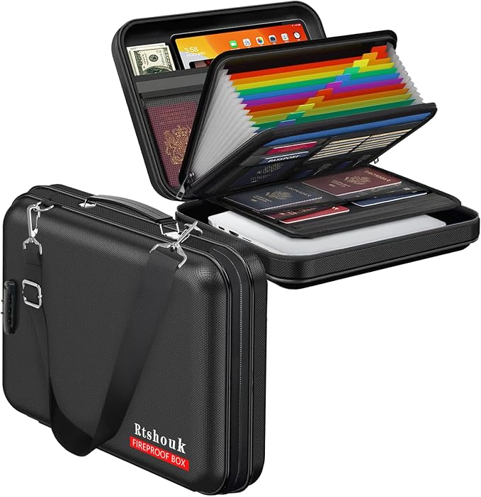 Fireproof Document Box with Lock & Shoulder Strap | Waterproof, Hard-Shell, Portable Fireproof Box Safe Storage with Pocket Accordion File Folder for Documents, Laptop by Rtshuok