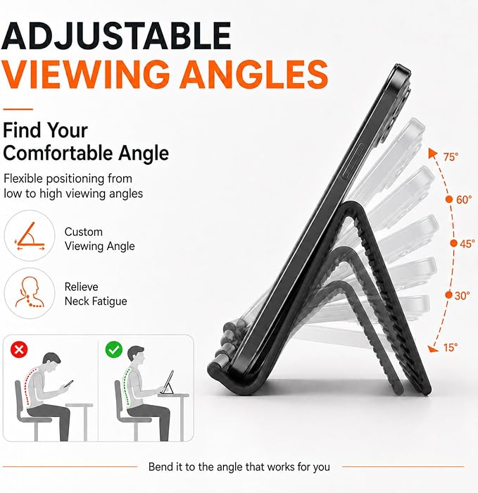 2PCS Portable Foldable Silicone Aluminum Phone Holder, Orange&Black | 2026 New Flexible Silicone Phone Stand, Adjustable Non-Slip Airplane Phone Holder for Tablet, Travel, Office Desk, Treadmill - Image 7