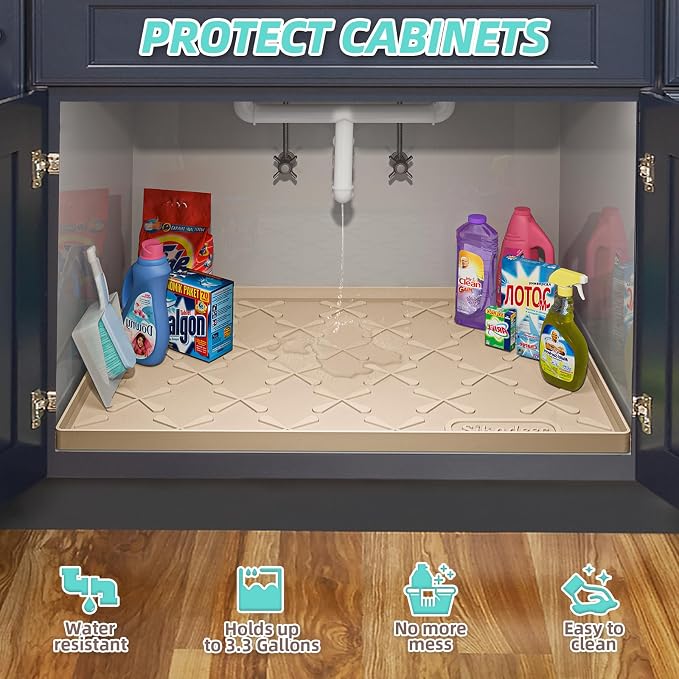 Waterproof Under Sink Mat 31" x 19" Silicone Mat Cabinet Protector | Heavy Duty Kitchen Cabinet Liner, Easy Press Drain, Home Essentials for Pet Feeding, Boots, Bathroom, Organizers & Storage - Image 5