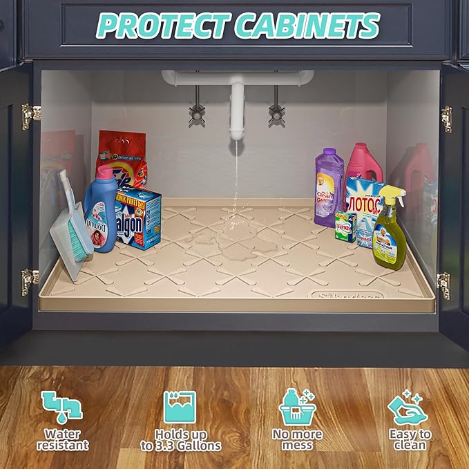 Waterproof Under Sink Mat 34" x 19" Cabinet Protector Silicone Mat | Heavy Duty Deep Drip Tray, Extra Thick Non Slip Liner for Kitchen & Bathroom, Pets, Organizer, Storage, Boots, Home Essential - Image 5
