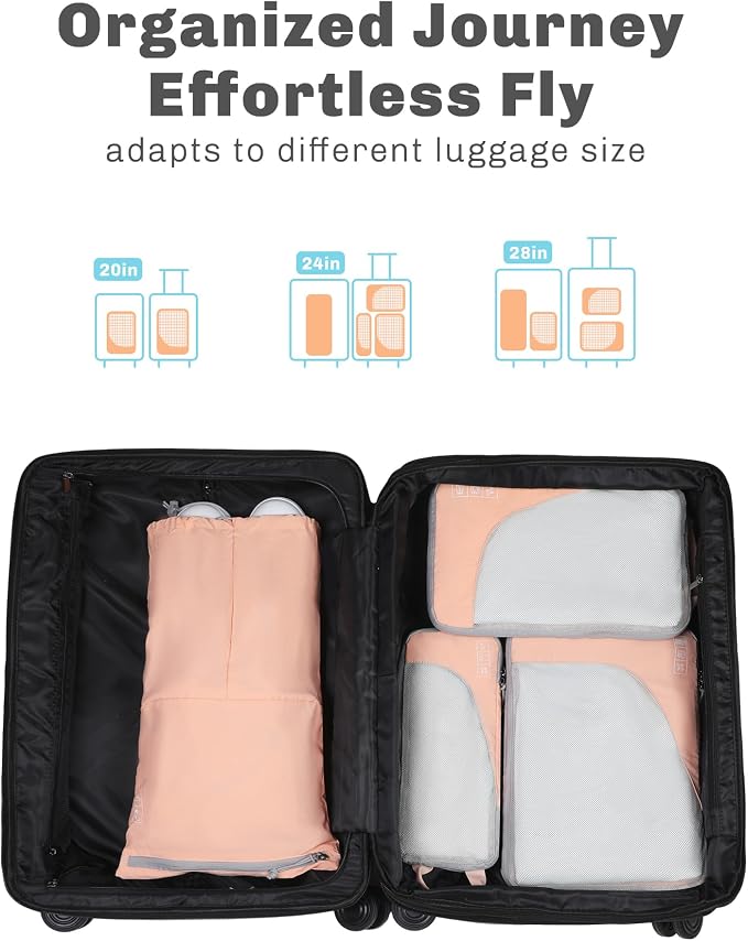 6 Set/ 4 Set/ 2 Set Compression Packing Cubes Travel Essentials Lightweight Nylon Luggage Suitcase Organizer Bag Light Pink 4PCS - Image 3
