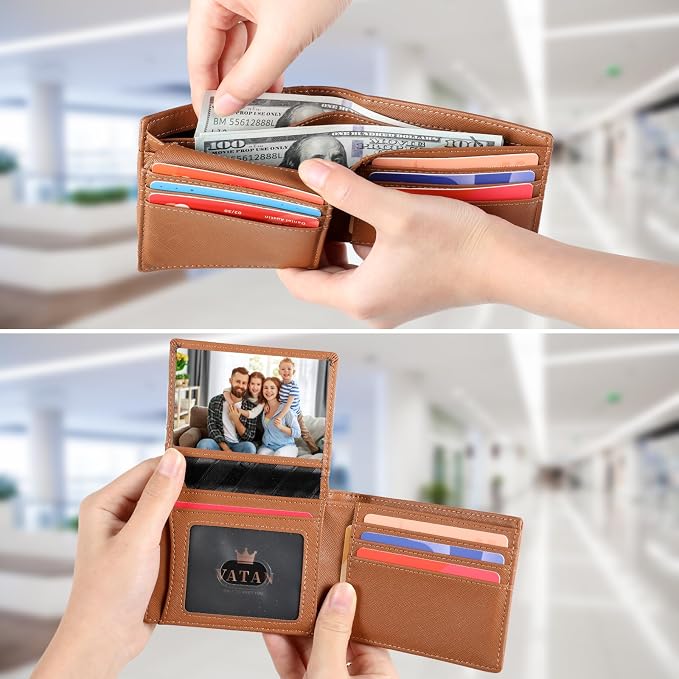 VATAN Wallet for Men Slim RFID Blocking Leather Credit Card Holder Wallet for 15 Cards, Bifold Minimalist Thin Wallet with 2 ID Windows & Cash Slot, With Gift Box (Cross Grain Brown) - Image 3