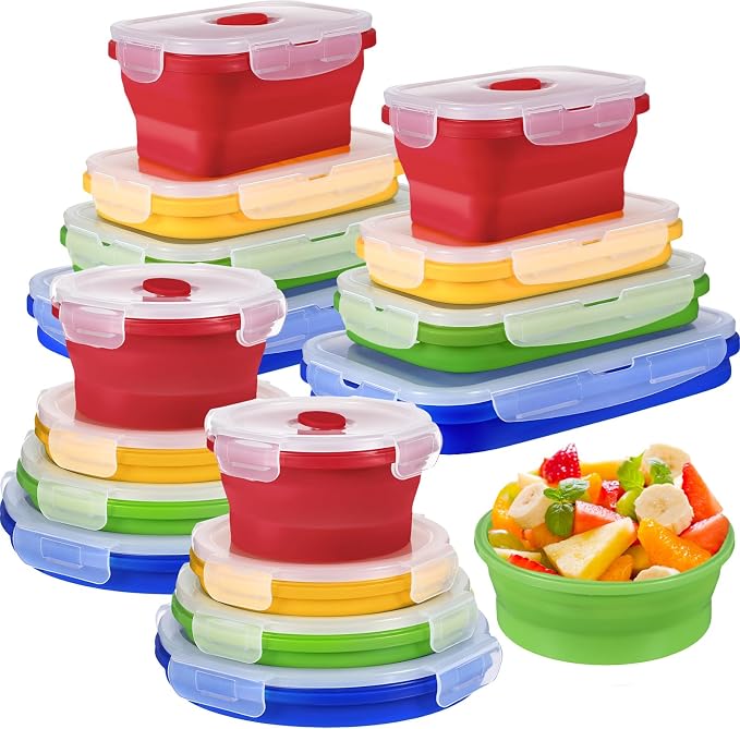 Yaomiao 16 Pack Collapsible Food Storage Container with Lid,Bright Colors | Silicone Bowls with Air Vent, Foldable Rectangle Round Bowl ,For Rv Camping Meal Prep Organizing, Microwave Freezer Safe by Yaomiao