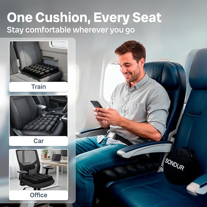 Sondur™ Travel Cushion for Long Flights – Inflatable Airplane Seat Cushion | TSA Approved Sit Pad for Plane Rides · Butt Pillow for Airline Seats · Stadium & Office Seat Cushions · Portable Support - Image 2