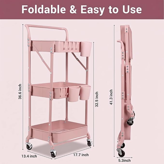 Amatic 3-Tier Folding Rolling Utility Cart with Wheels, Foldable Storage Cart Organizer with 3 Hanging Cups & 6 Hooks for Kitchen, Office, Living Room, Nursery(Pink) - Image 2