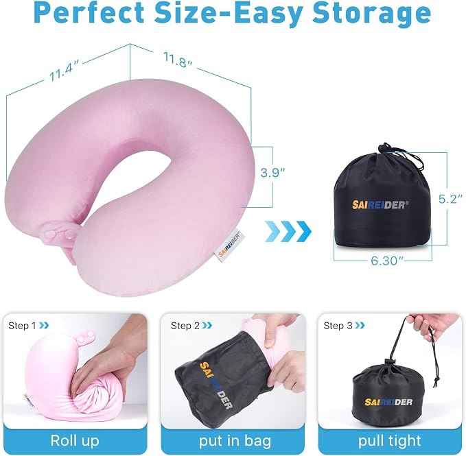 SAIREIDER Travel Neck Pillow 100% Memory Foam, Airplane Rest Prevents Head from Falling Forward, Plane Accessories with Storage Bag, Sleep Mask and Earplugs (Pink) - Image 6