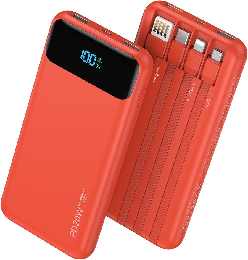 Nusyddy Portable Charger 10000mAh 22.5W w/4 Built-in Cables/6 Outputs Red | 22.5W Fast Charging, LED Display, Pass Through Charging, Charge 6 Devices at once, TSA Approved, Fits iPhone, iPad, Samsung by NUSYDDY
