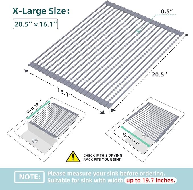 Ohuhu Sink Drying Rack, 20.5" W x 16.1" L Over The Sink Roll-Up Dish Drainer - Rolling Foldable Sink Accessories Heat-Resistant Mat Anti-Slip Silicone Coated Multipurpose for Kitchen Counter - Image 9
