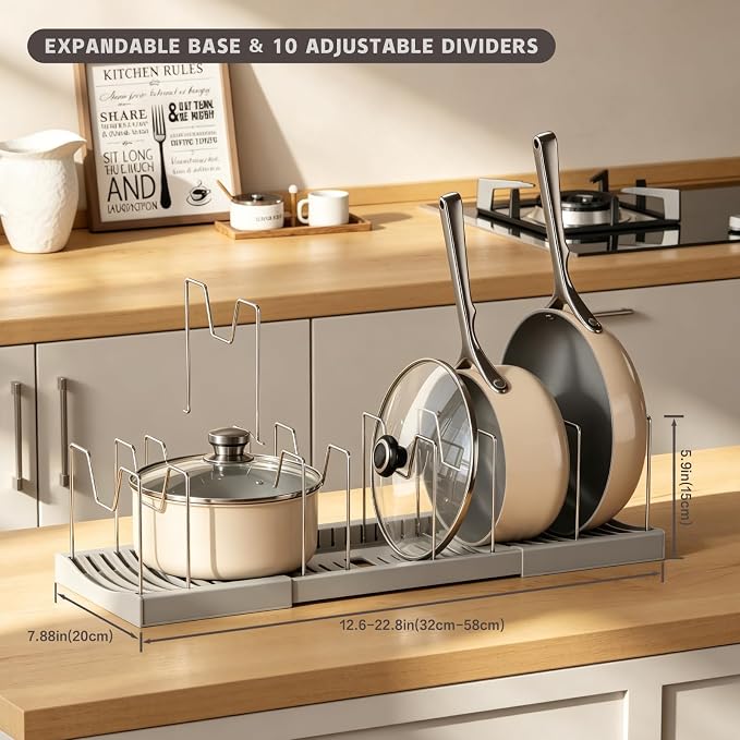 Magheo Pots and Pans Organizer Under Cabinet, Expandable 12.6"-22.8" Kitchen Cabinet Organizer Holder with 10 Adjustable Dividers for Food Storage Container Lid, Cookie Sheet, Cookware(1 Pack, Gray) - Image 2